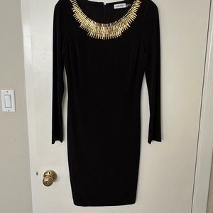 Calvin Klein long sleeve black dress with gold beaded detail